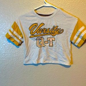 Worn out look varsity Q-T crop top